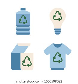 Ecology icons of plastic bottle, clothes, paper box, light bulb with recycling symbol. Vector illustration isolated from white background