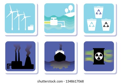Ecology icons. Ecology problems, environmental pollution, environmental protection. Vector illustration for Earth day, save the planet.