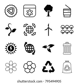 Ecology icons. set of 16 editable filled and outline ecology icons such as plant, tree, recycle, sun battery, mill, nest, flower, globe, trash bin, trash bag