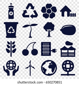Ecology icons set. set of 16 ecology filled icons such as plant, house, cherry, lemon, recycle bin, energy drink, tree, flower, holding globe, pergola, recycle, solar panel