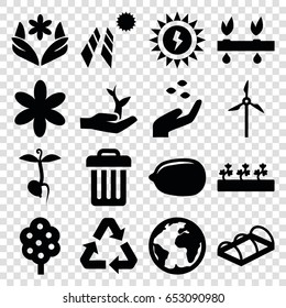 Ecology icons set. set of 16 ecology filled icons such as tree, hand with seeds, flower, lemon, sprout plants, greenohuse, sprout, recycle, trash bin, plant on hand
