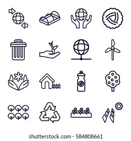 ecology icons set. Set of 16 ecology outline icons such as nest, tree, house, flower, energy drink, sprout plants, greenohuse, qround the globe, holding globe, recycle