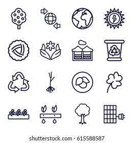 Ecology icons set. set of 16 ecology outline icons such as leaf, nest, tree, flower, Clover, recycle bin, recycle, sprout plants, sprout, qround the globe, pergola