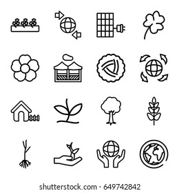 Ecology icons set. set of 16 ecology outline icons such as nest, house, clover, sprout plants, tree, flower, sprout, plant, qround the globe, holding globe, globe, pergola