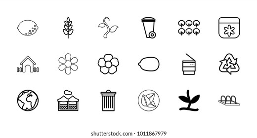 Ecology icons. set of 18 editable outline ecology icons: plant, tree, flower, lemon, trash bin, planet, pergola, recycle, leaf, house