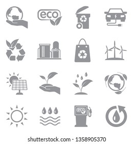 Ecology Icons. Set 2. Gray Flat Design. Vector Illustration.