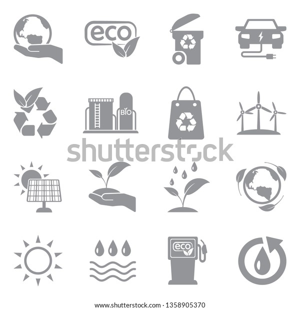 Ecology Icons. Set 2. Gray Flat Design.\
Vector Illustration.