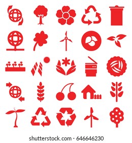 Ecology icons set. set of 25 ecology filled icons such as plant, leaf, nest, tree, house, flower, clover, cherry, trash bin, recycle, sprout plants, qround the globe, globe