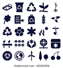 Ecology icons set. set of 25 ecology filled icons such as plant, nest, tree, flower, clover, cherry, recycle bin, trash bag, sprout, greenohuse, recycle, solar panel, globe