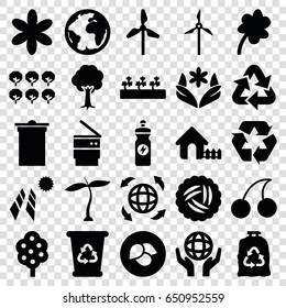 Ecology icons set. set of 25 ecology filled icons such as plant, leaf, nest, tree, house, flower, clover, cherry, trash bin, recycle bin, trash bag, energy drink