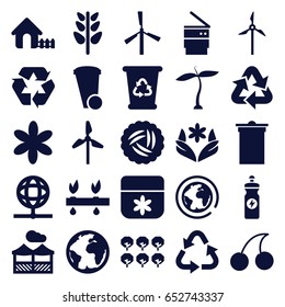 Ecology icons set. set of 25 ecology filled icons such as plant, nest, tree, mill, house, flower, cherry, trash bin, recycle bin, recycle, energy drink, pergola, globe