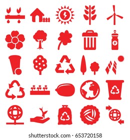 Ecology icons set. set of 25 ecology filled icons such as nest, tree, mill, house, clover, lemon, trash bin, recycle bin, recycle, trash bag, energy drink, sprout plants