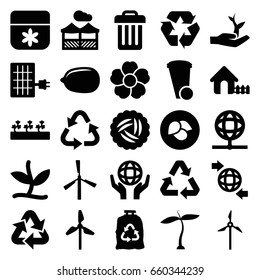 Ecology icons set. set of 25 ecology filled icons such as plant, leaf, nest, mill, house, flower, lemon, trash bin, recycle, trash bag, sprout plants, qround the globe