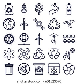 ecology icons set. Set of 25 ecology outline icons such as plant, nest, tree, hand with seeds, flower, trash bin, recycle bin, recycle, trash bag, energy drink, sprout