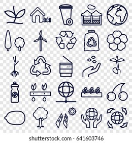 Ecology icons set. set of 25 ecology outline icons such as hand with seeds, house, cherry, lemon, trash bin, recycle, trash bag, energy drink, sprout plants, tree, flower
