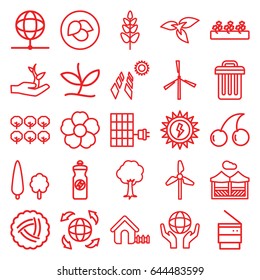 Ecology icons set. set of 25 ecology outline icons such as plant, leaf, nest, tree, mill, house, cherry, energy drink, sprout plants, flower, holding globe, globe, trash bin