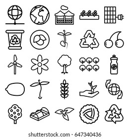 Ecology icons set. set of 25 ecology outline icons such as plant, leaf, nest, tree, flower, cherry, lemon, recycle bin, energy drink, sprout plants, greenohuse, sprout