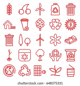 Ecology icons set. set of 25 ecology outline icons such as tree, house, flower, cherry, trash bin, recycle bin, recycle, trash bag, sprout, greenohuse, holding globe, plant