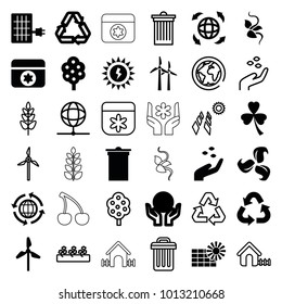 Ecology icons. set of 36 editable filled and outline ecology icons such as tree, hand with seeds, trash bin, mill, globe, solar panel, sun battery, house, flower