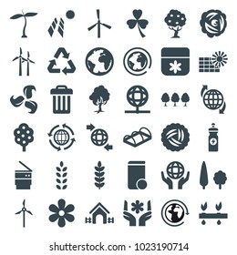 Ecology icons. set of 36 editable filled ecology icons such as plant, nest, tree, mill, flower, energy drink, greenohuse, solar panel, planet, qround the globe, holding globe