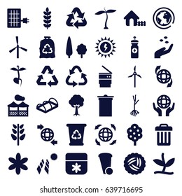 Ecology icons set. set of 36 ecology filled icons such as plant, nest, tree, mill, hand with seeds, house, flower, trash bin, recycle bin, recycle, trash bag, energy drink