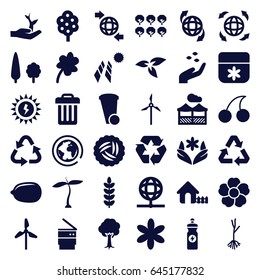 Ecology icons set. set of 36 ecology filled icons such as plant, nest, tree, hand with seeds, house, flower, clover, cherry, lemon, trash bin, recycle, energy drink, sprout