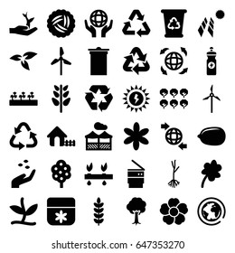 Ecology icons set. set of 36 ecology filled icons such as plant, nest, tree, hand with seeds, house, flower, clover, lemon, trash bin, recycle bin, recycle, energy drink