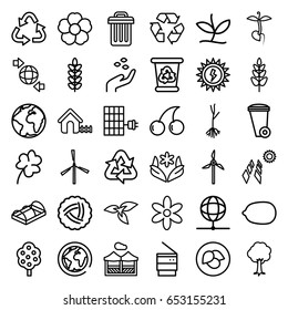 Ecology icons set. set of 36 ecology outline icons such as plant, leaf, nest, tree, mill, hand with seeds, house, flower, clover, cherry, lemon, trash bin, recycle bin