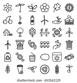 Ecology icons set. set of 36 ecology outline icons such as plant, nest, tree, mill, hand with seeds, house, flower, clover, cherry, lemon, trash bin, recycle bin, trash bag