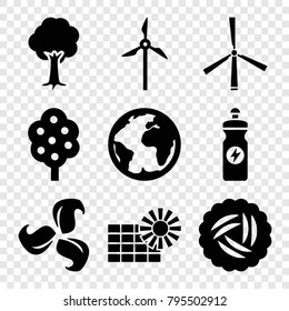 Ecology icons. set of 9 editable filled ecology icons such as nest, tree, energy drink, planet, mill, plant