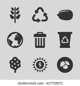 Ecology icons set. set of 9 ecology filled icons such as leaf, tree, Lemon, recycle bin, recycle, plant, trash bin, sun battery