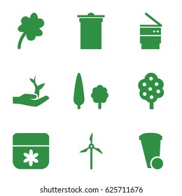 Ecology icons set. set of 9 ecology filled icons such as tree, flower, Clover, trash bin, plant on hand