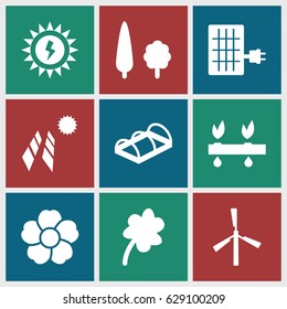 Ecology icons set. set of 9 ecology filled icons such as mill, Clover, flower, greenohuse, tree, solar panel, sun battery