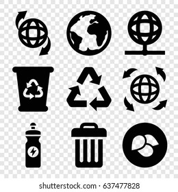 Ecology icons set. set of 9 ecology filled icons such as leaf, recycle bin, energy drink, qround the globe, globe, recycle, trash bin