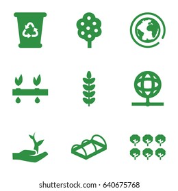 Ecology icons set. set of 9 ecology filled icons such as tree, recycle bin, greenohuse, plant on hand, globe, plant