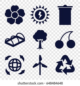 Ecology icons set. set of 9 ecology filled icons such as cherry, trash bin, tree, flower, greenohuse, globe, sun battery, recycle