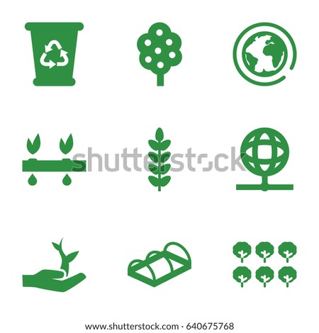 Ecology icons set. set of 9 ecology filled icons such as tree, recycle bin, greenohuse, plant on hand, globe, plant