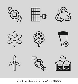 Ecology icons set. set of 9 ecology outline icons such as tree, flower, trash bin, recycle, qround the globe, pergola, solar panel