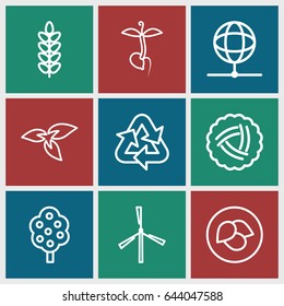 Ecology icons set. set of 9 ecology outline icons such as plant, leaf, nest, tree, mill, sprout, globe