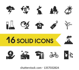 Ecology icons set with air pollution, sea landscape, reuse clothes elements. Set of ecology icons and bunny concept. Editable vector elements for logo app UI design.