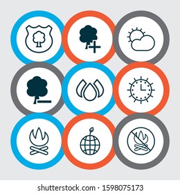 Ecology icons set with campfire, sunny weather, no bonfire and other bonfire elements. Isolated vector illustration ecology icons.
