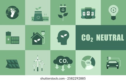 Ecology icons set. CO2 Neutral. Eco Environment Signs Collection. Green energy, Net zero. Circular economy. Bauhaus design poster. Vector illustration in neo geometric style.