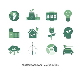 Ecology icons set. CO2 Neutral. Eco Environment Signs Collection. Green energy, Net zero. Circular economy. Vector illustration in flat cartoon style.