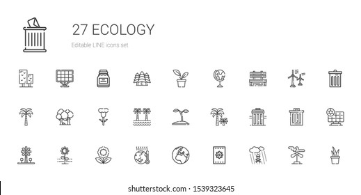 ecology icons set. Collection of ecology with acid rain, seeds, earth, global warming, flower, windmill, recycle bin, palm tree, seed, forest. Editable and scalable ecology icons.