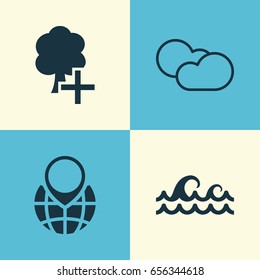 Ecology Icons Set. Collection Of Cloud Cumulus, Pin Earth, Insert Woods And Other Elements. Also Includes Symbols Such As Cumulus, Pointer, Sea.