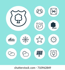 Ecology Icons Set. Collection Of Cloud Cumulus, Ocean Wave, Aqua And Other Elements. Also Includes Symbols Such As Sun, Forest, Delete.