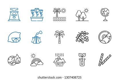 ecology icons set. Collection of ecology with decorative, sprout, global warming, rainbow, earth, viburnum, palm tree, pollution, lemon, earth globe. Editable and scalable ecology icons.