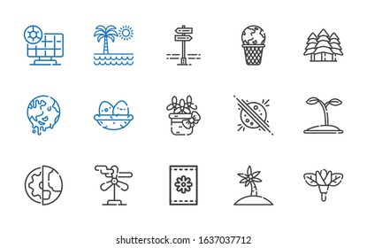 Ecology Icons Set. Collection Of Ecology With Flower, Palm Tree, Seeds, Wind Turbine, Planet Earth, Seed, Planet, Nest, Global Warming, Forest. Editable And Scalable Ecology Icons.