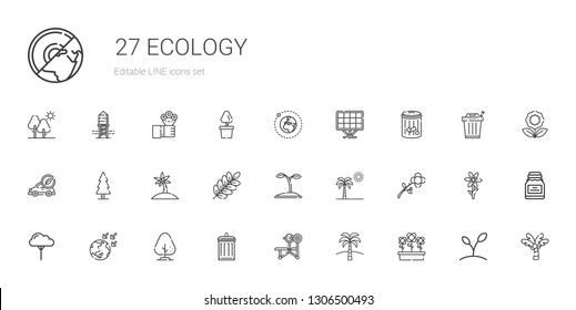 ecology icons set. Collection of ecology with flowers, palm tree, bench, garbage, tree, global warming, flower, seed, branch, electric car. Editable and scalable ecology icons.