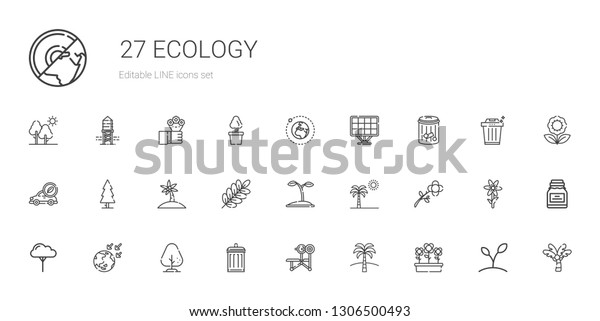 ecology icons set.\
Collection of ecology with flowers, palm tree, bench, garbage,\
tree, global warming, flower, seed, branch, electric car. Editable\
and scalable ecology\
icons.